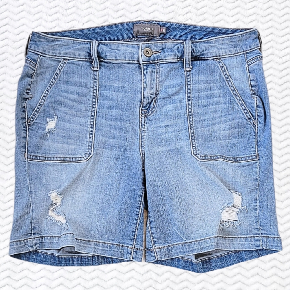 Torrid Distressed High Waist Denim Bermuda Shorts - Light Wash